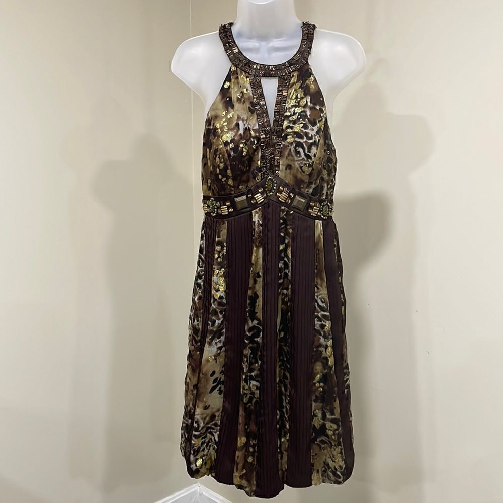 NWOT Sue Wong Animal Print Beaded Halter Style Dress.  Size 8 M medium 100% silk